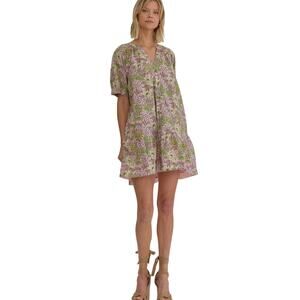 NWT Entro Pink Green Floral Cotton Mini Dress with Pockets Small